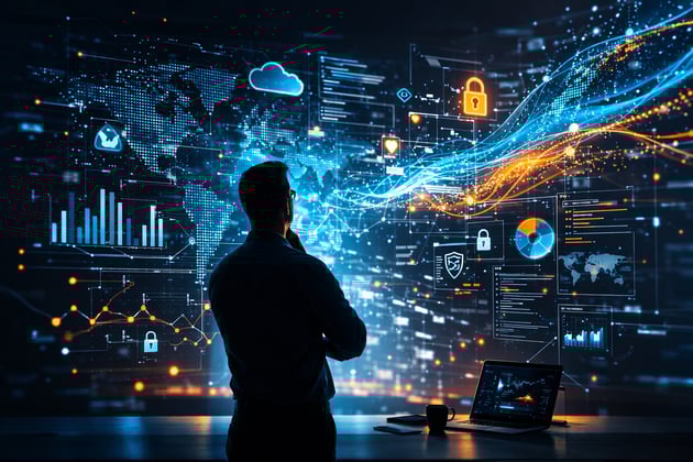 Enterprise IT professional reviewing AI-driven data security dashboards with security and connectivity icons