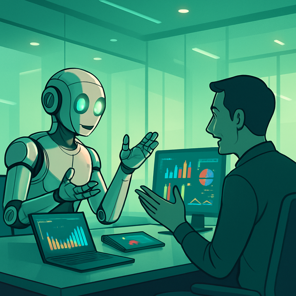 Human worker talking to data represented by a robot