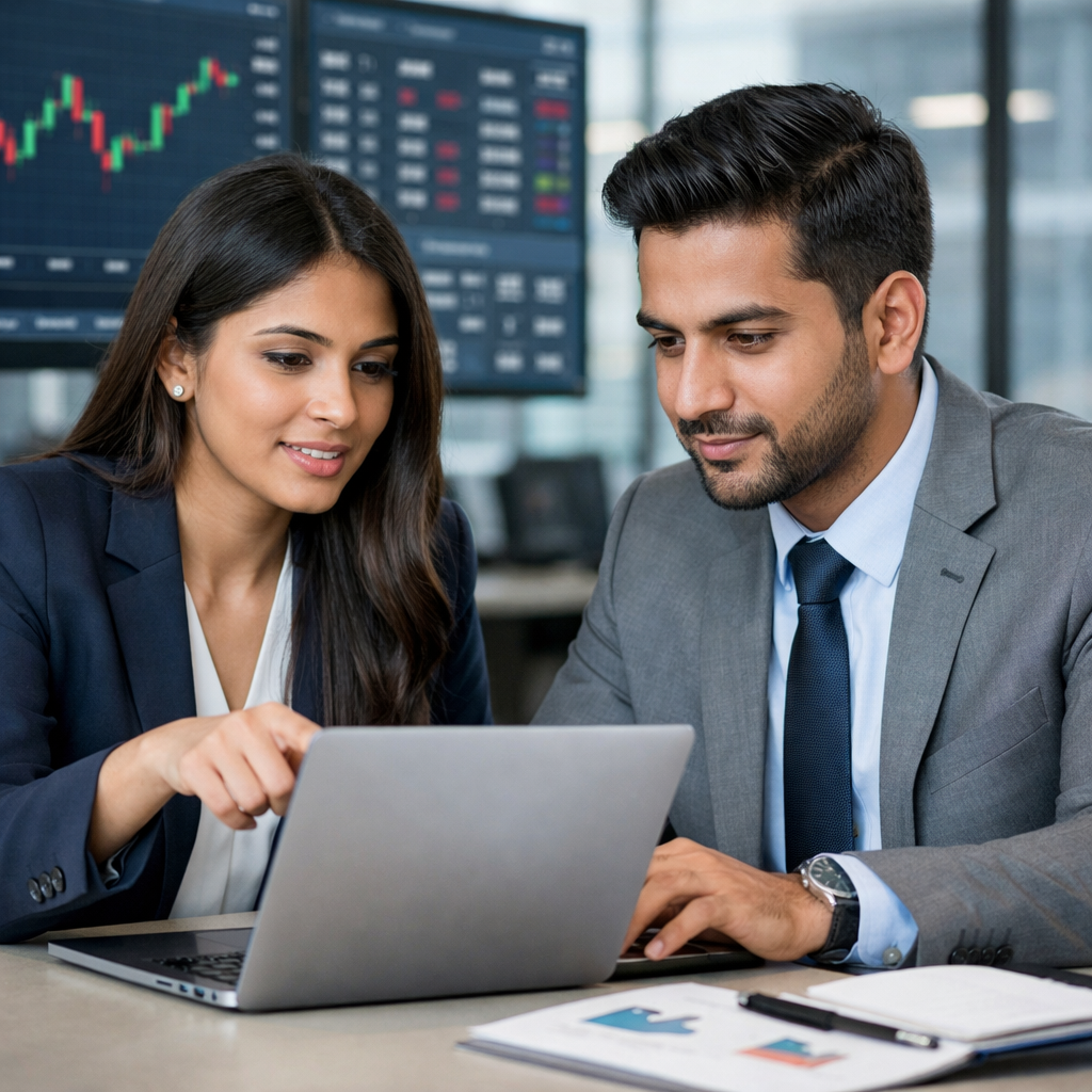 South Asian Financial Advisors Discuss Stock Strategy on Laptop-1